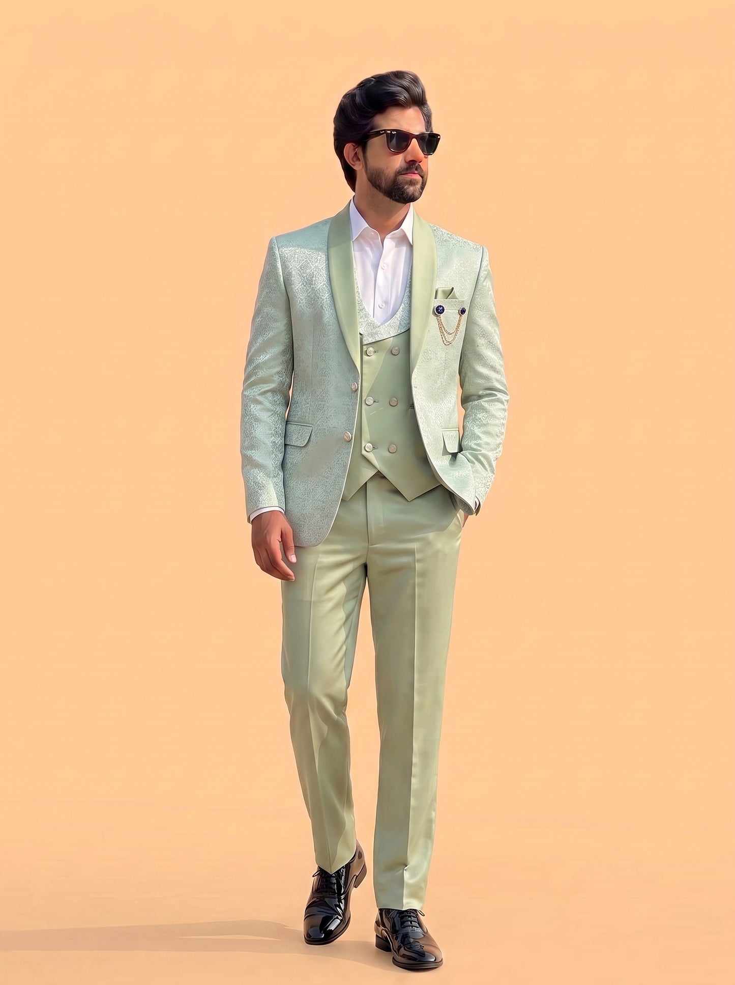 Club AK Men's Premium Mint Green Jacquard 3 Piece Tuxedo Suit for Men | Slim Fit Blazer, Double-Breasted Waistcoat and Trouser Set