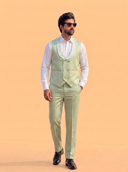 Club AK Men's Premium Mint Green Jacquard 3 Piece Tuxedo Suit for Men | Slim Fit Blazer, Double-Breasted Waistcoat and Trouser Set