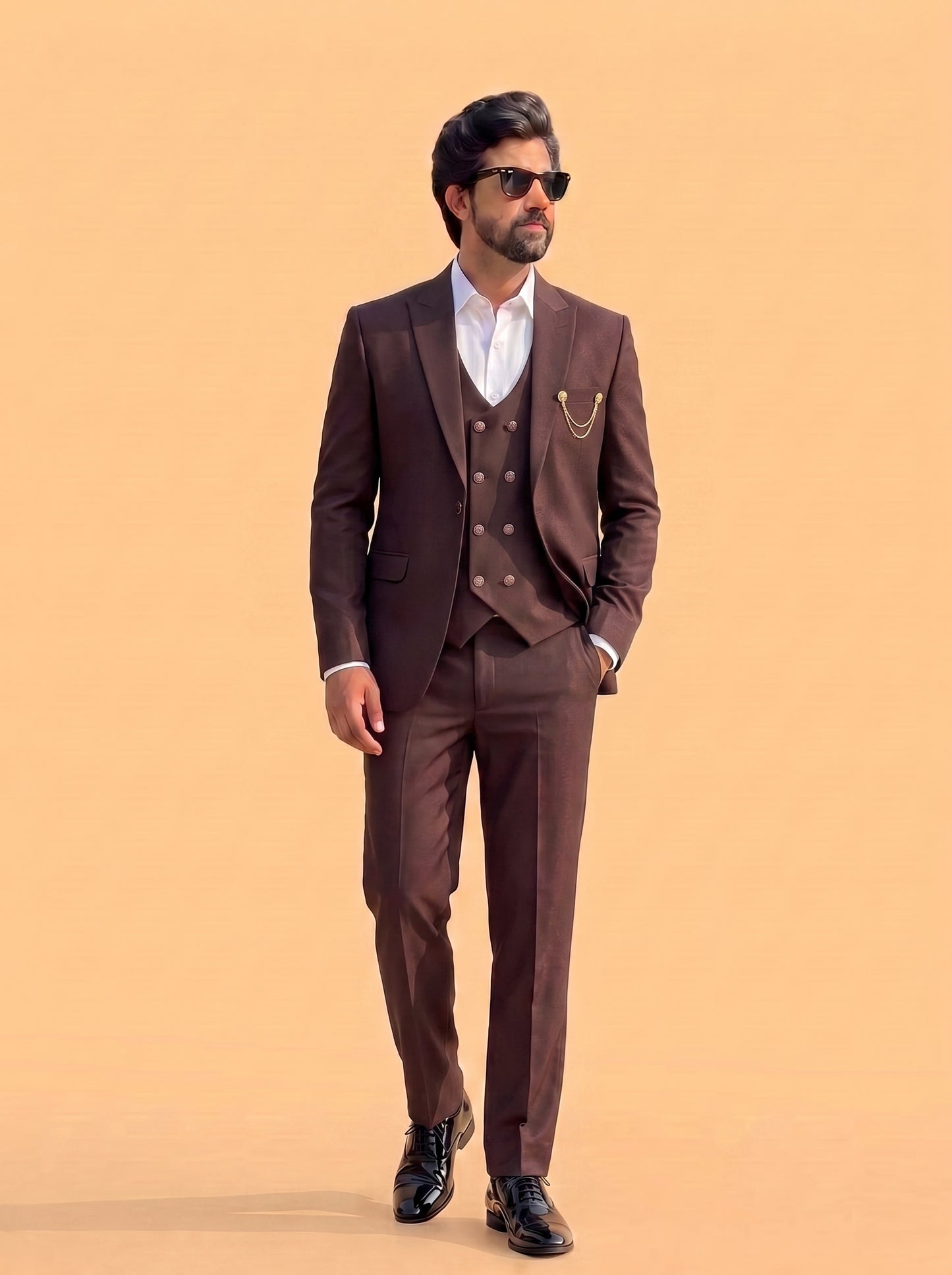 Club AK Men's Premium Coffee Brown 3 Piece Suit for Men | Slim Fit Blazer, Double-Breasted Waistcoat and Trouser Set