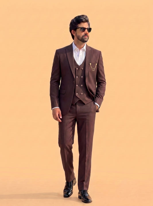 Club AK Men's Premium Coffee Brown 3 Piece Suit for Men Kohinoor Fabric