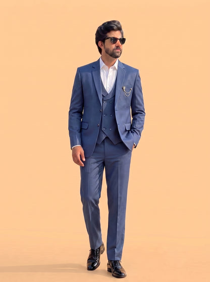 Club AK Men's Premium Steel Blue 3 Piece Suit for Men | Slim Fit Blazer, Double-Breasted Waistcoat and Trouser Set