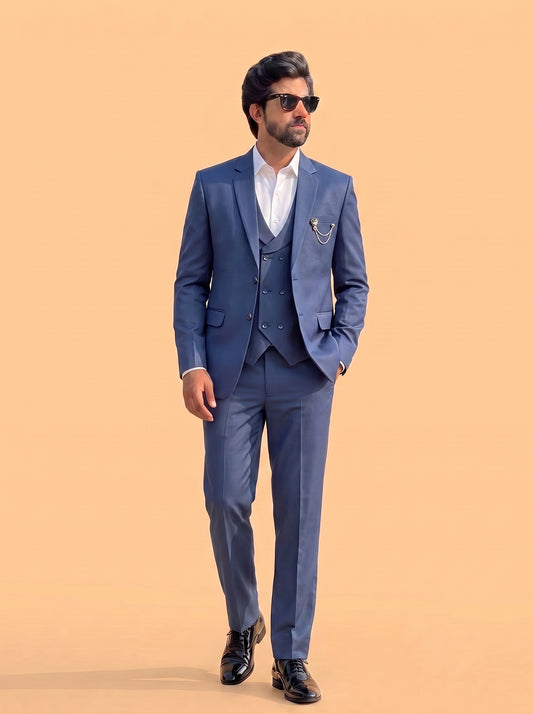 Club AK Men's Premium Steel Blue 3 Piece Suit for Men | Slim Fit Blazer, Double-Breasted Waistcoat and Trouser Set