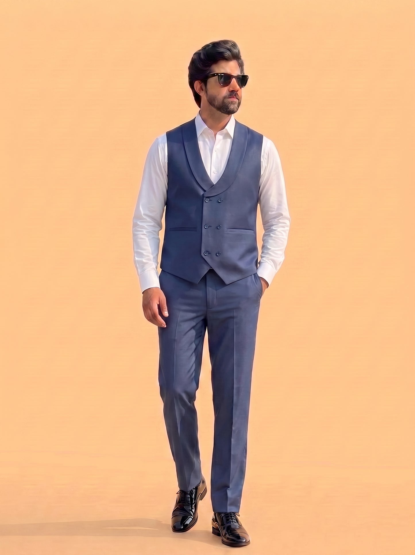 Club AK Men's Premium Steel Blue 3 Piece Suit for Men | Slim Fit Blazer, Double-Breasted Waistcoat and Trouser Set