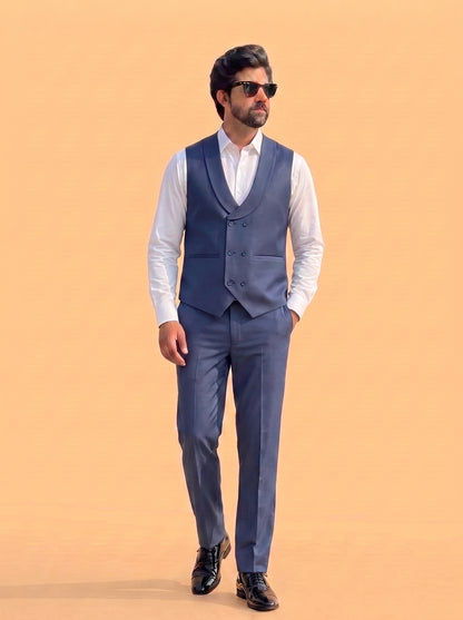 Club AK Men's Premium Steel Blue 3 Piece Suit for Men | Slim Fit Blazer, Double-Breasted Waistcoat and Trouser Set