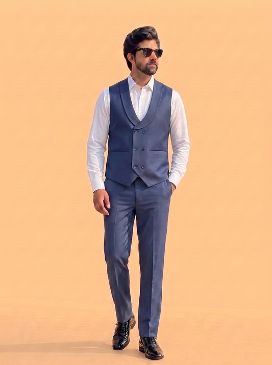 Club AK Men's Premium Steel Blue 3 Piece Suit for Men | Slim Fit Blazer, Double-Breasted Waistcoat and Trouser Set