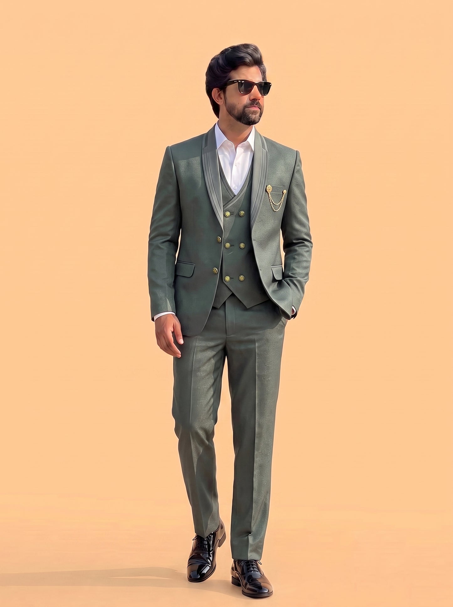 Club AK Men's Premium Olive Green Shimmer 3 Piece Tuxedo Suit for Men | Slim Fit Blazer, Double-Breasted Waistcoat and Trouser Set