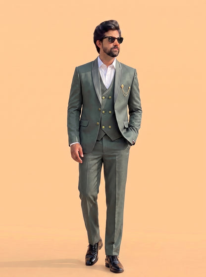 Club AK Men's Premium Olive Green Shimmer 3 Piece Tuxedo Suit for Men | Slim Fit Blazer, Double-Breasted Waistcoat and Trouser Set