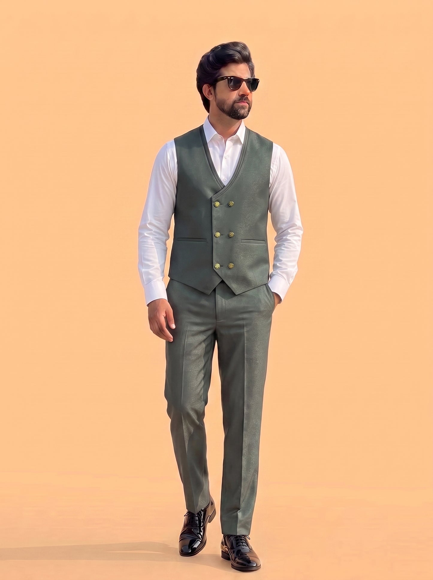Club AK Men's Premium Olive Green Shimmer 3 Piece Tuxedo Suit for Men | Slim Fit Blazer, Double-Breasted Waistcoat and Trouser Set
