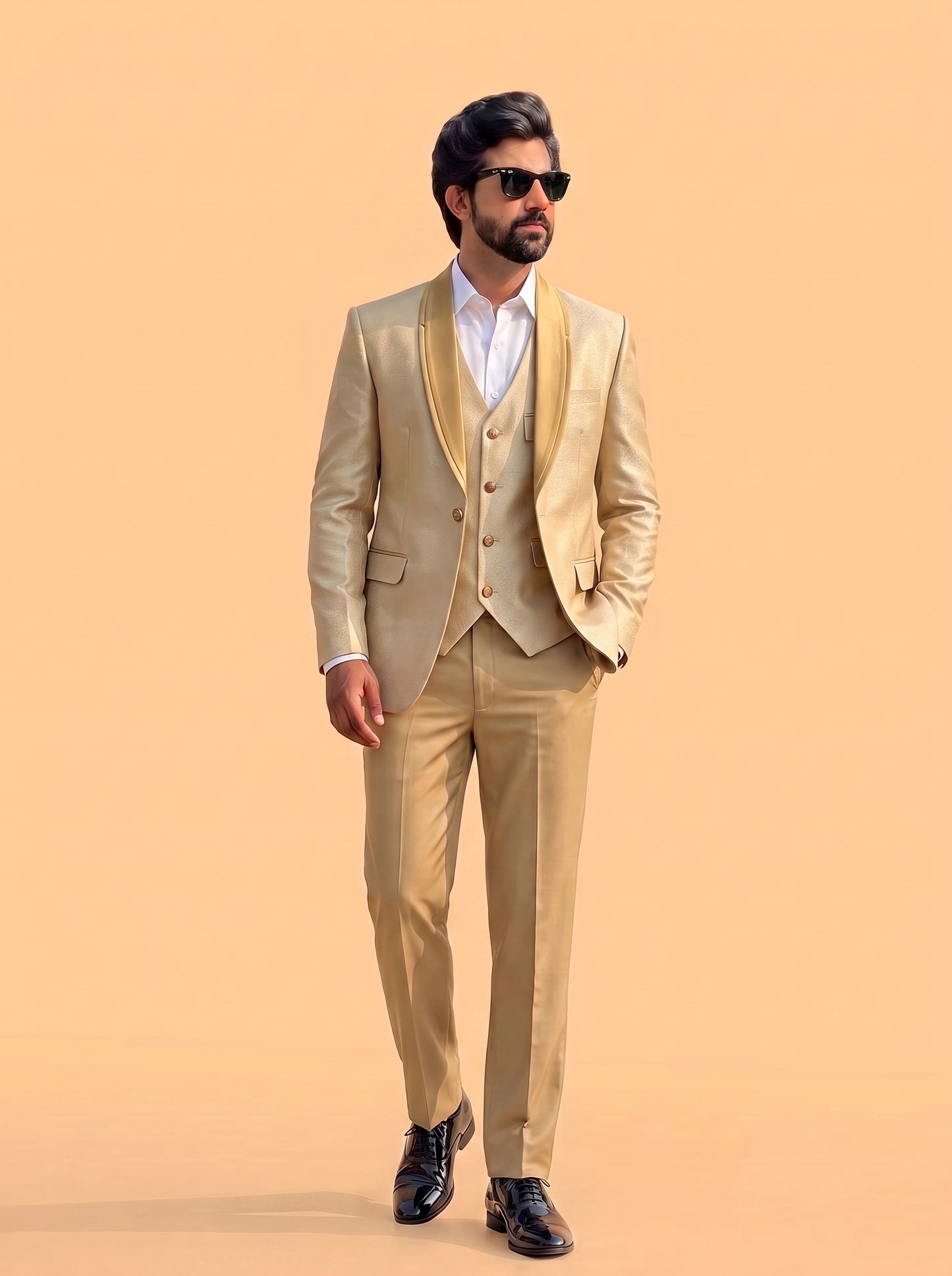 Club AK Men's Premium Champagne Gold 3 Piece Tuxedo Suit for Men | Slim Fit Blazer, Designer Waistcoat and Trouser Set