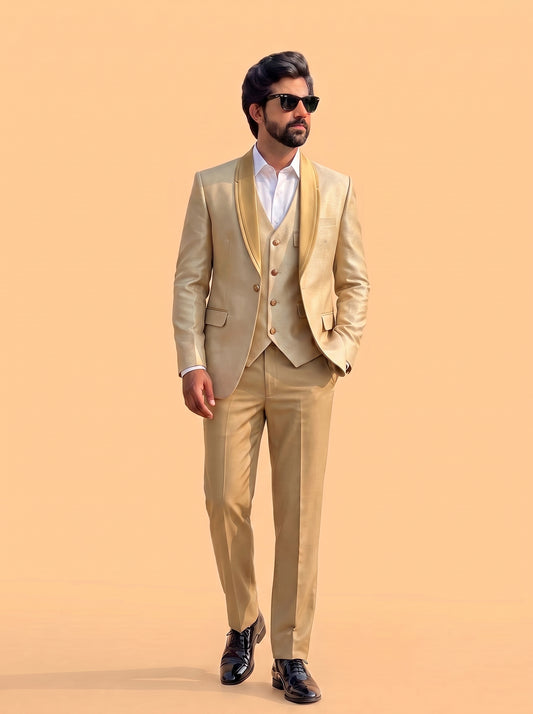 Club AK Men's Premium Champagne Gold 3 Piece Tuxedo Suit for Men | Slim Fit Blazer, Designer Waistcoat and Trouser Set