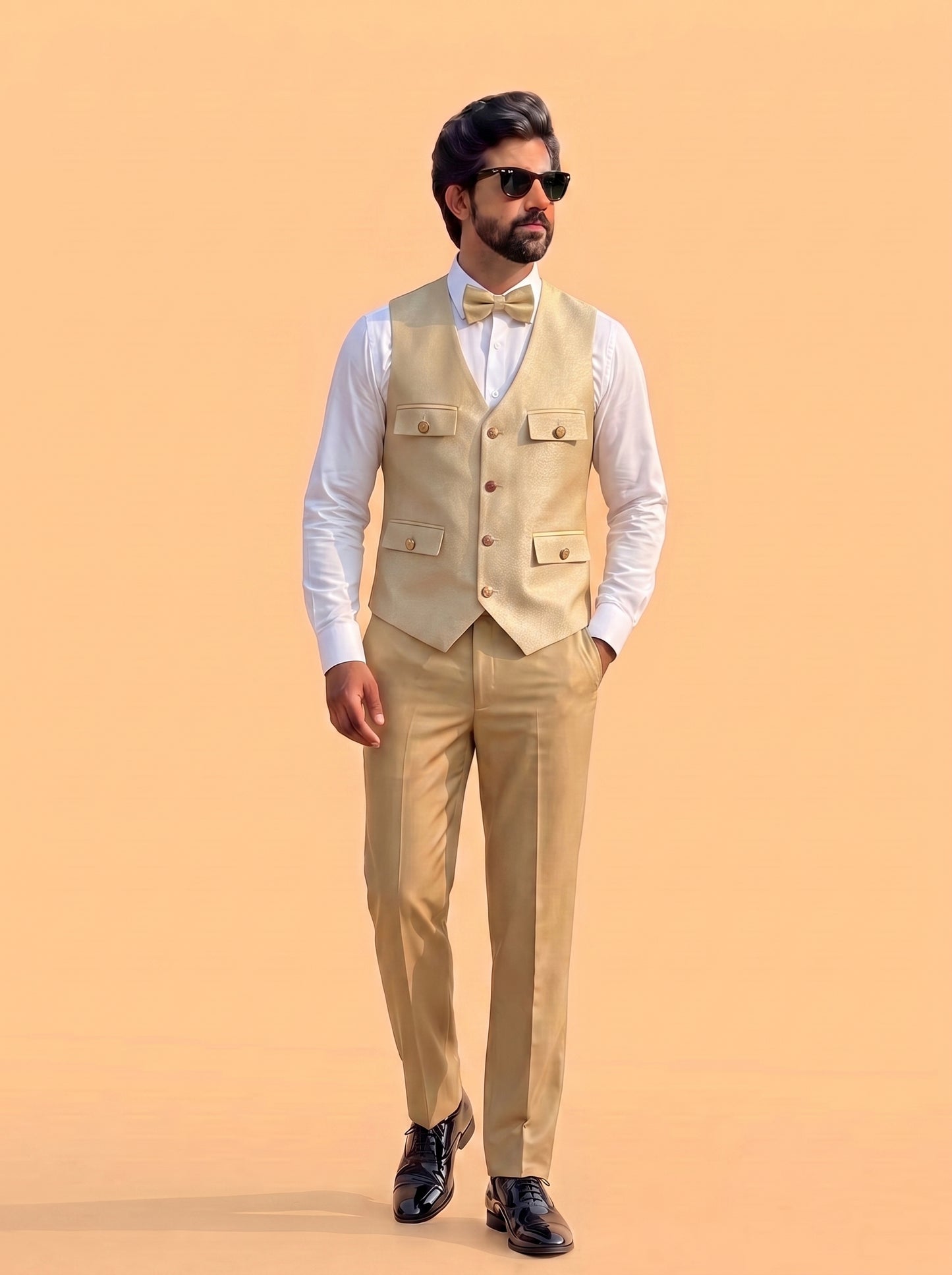 Club AK Men's Premium Champagne Gold 3 Piece Tuxedo Suit for Men | Slim Fit Blazer, Designer Waistcoat and Trouser Set