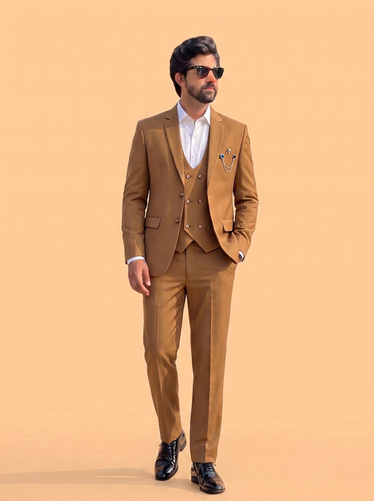 Club AK Men's Premium Camel Brown 3 Piece Suit for Men