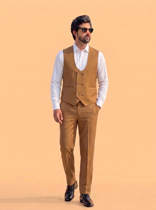 Club AK Men's Premium Camel Brown 3 Piece Suit for Men