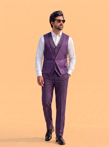 Club AK Men's Premium Purple Jacquard 3 Piece Suit for Men