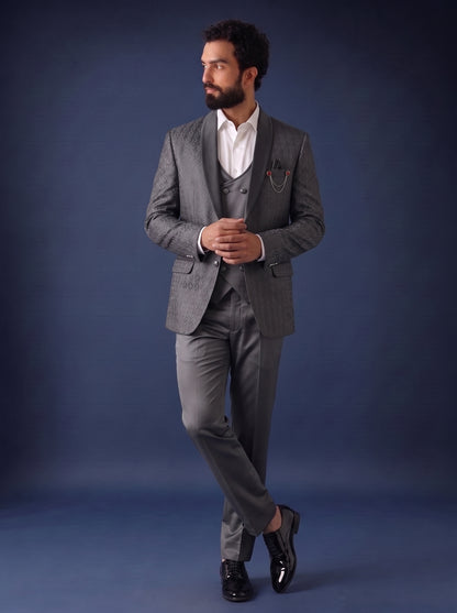 Club AK Men's Premium Charcoal Grey Jacquard 3 Piece Suit for Men