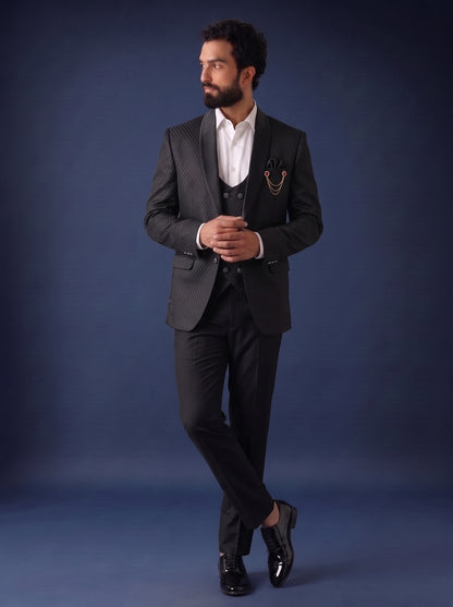 Club AK Men's Premium Black Jacquard 3 Piece Suit for Men