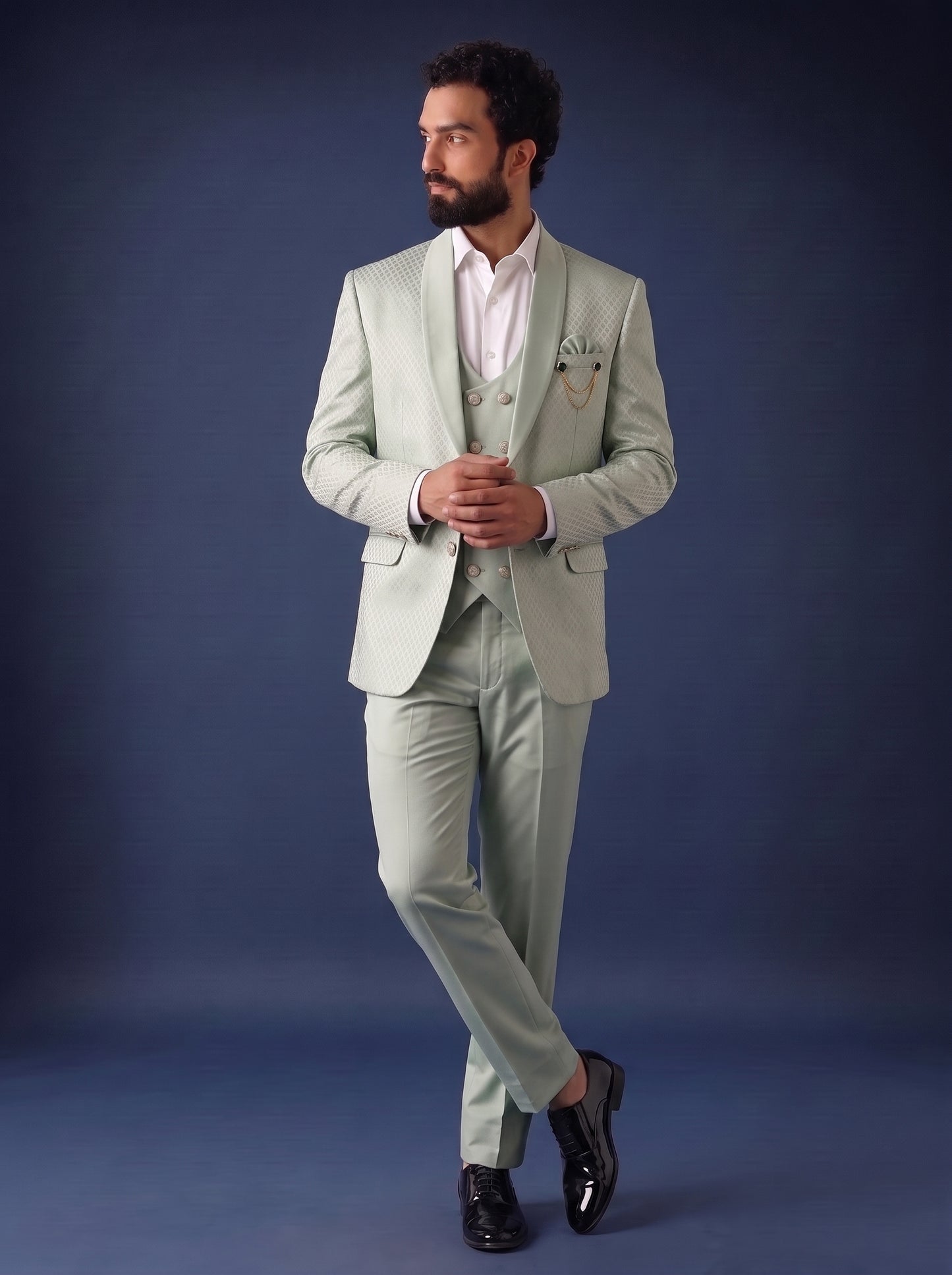 Club AK Men's Premium Mint Green Jacquard 3 Piece Suit for Men