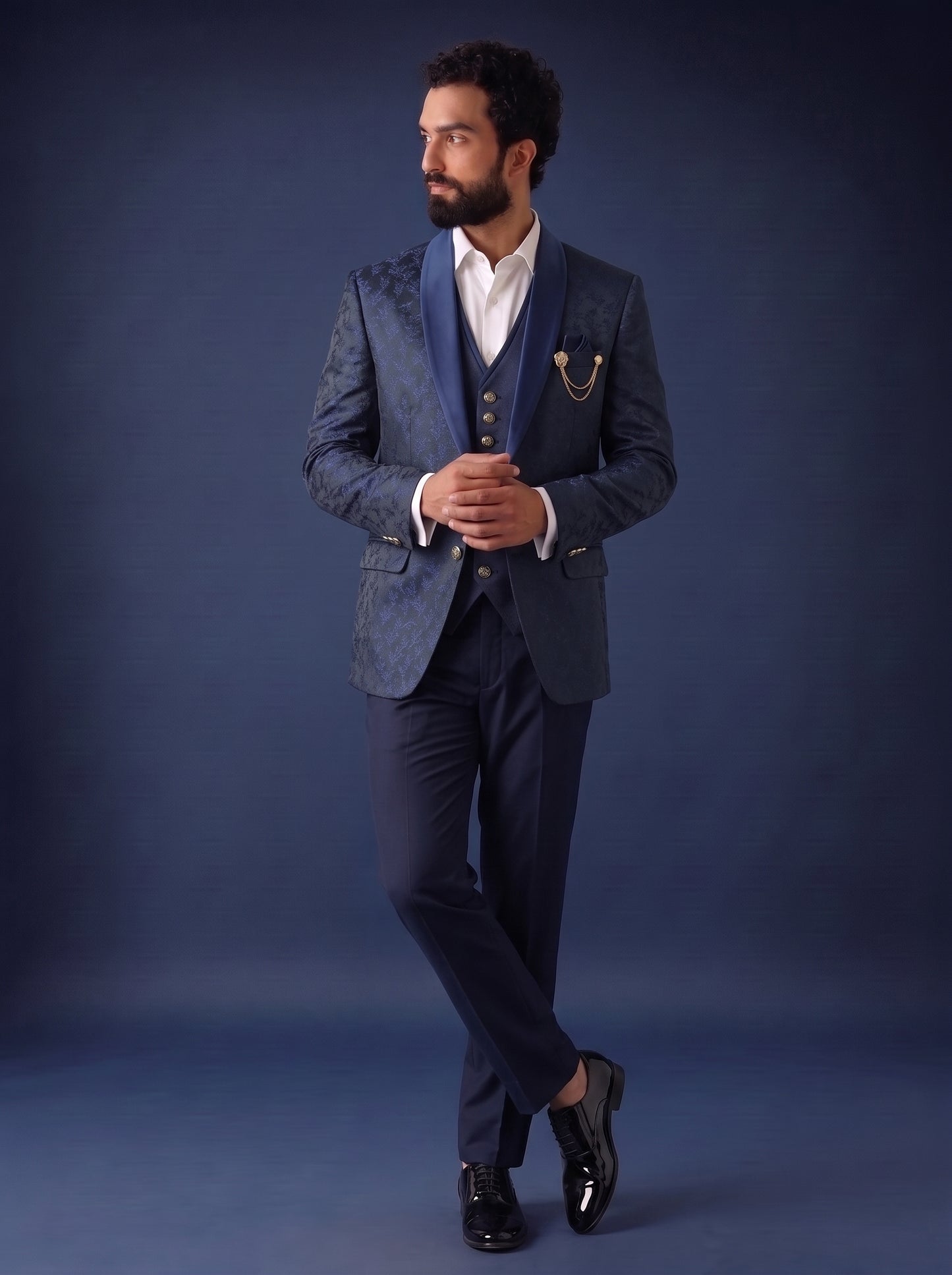 Club AK Men's Premium Navy Blue Jacquard 3 Piece Suit for Men