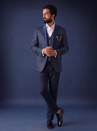 Club AK Men's Premium Navy Blue Jacquard 3 Piece Suit for Men