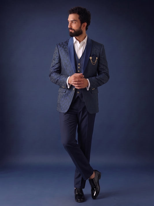 Club AK Men's Premium Navy Blue Jacquard 3 Piece Suit for Men