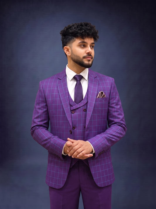 Club AK Men's Designer Windowpane Check 3 Piece Suit Set with Waistcoat | Luxury Party Wear Suit for Men