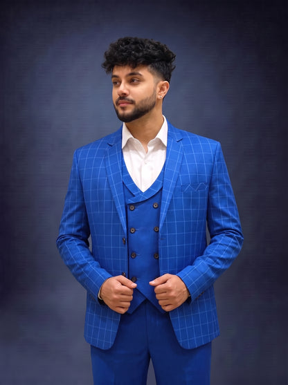 Club AK Men's Designer Windowpane Check 3 Piece Suit Set with Waistcoat | Luxury Party Wear Suit for Men