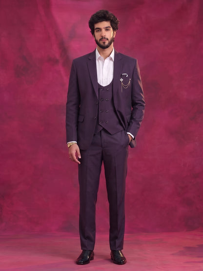 Club AK Men's Wine Purple Premium 3 Piece Suit Set