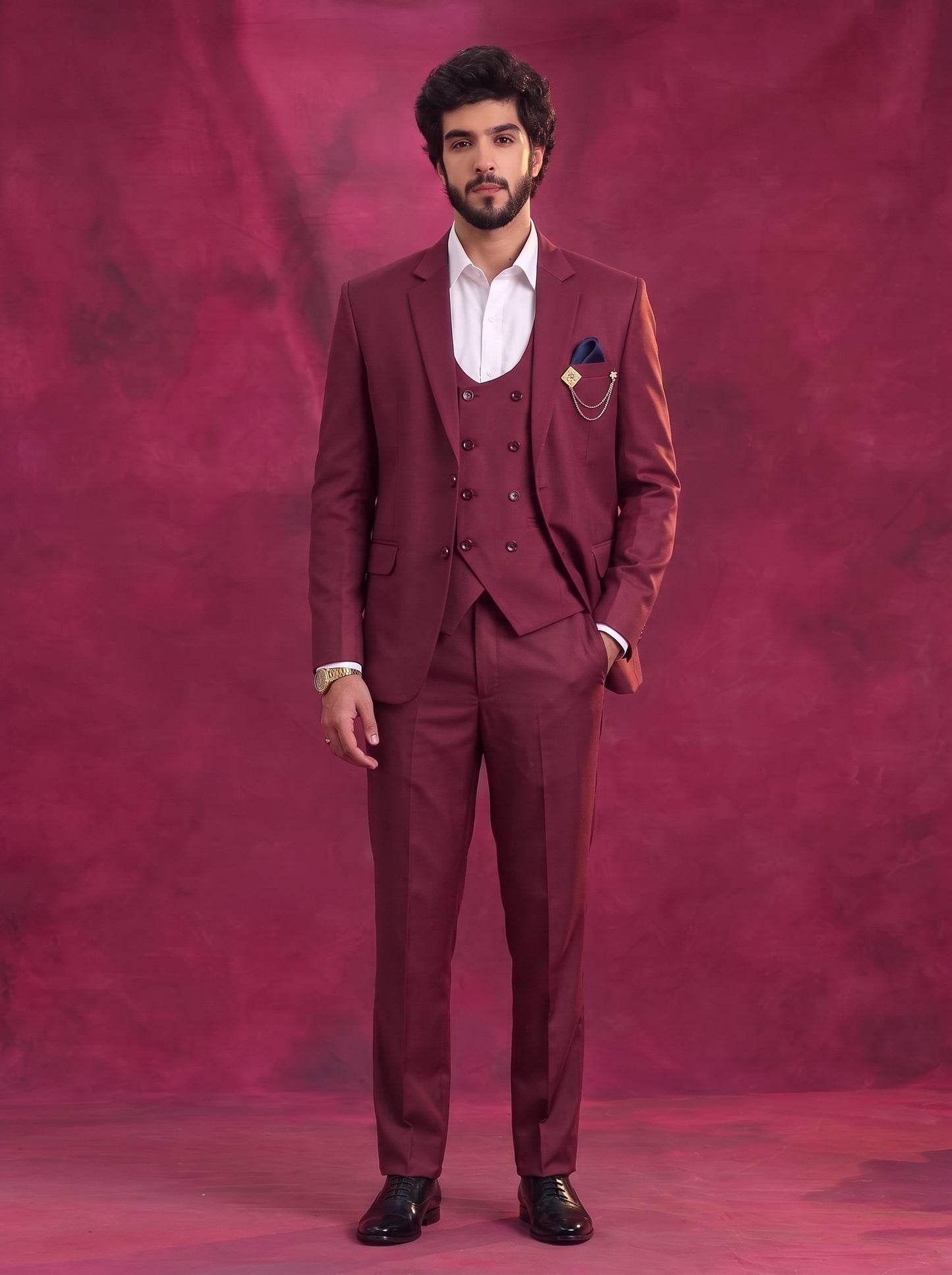 Club AK Men's Wine Red Premium 3 Piece Suit Set