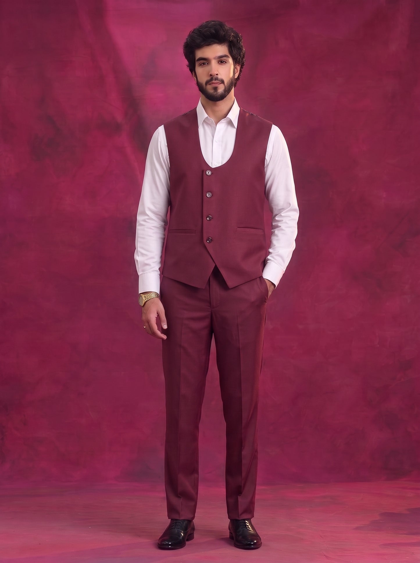 Club AK Men's Wine Red Premium 3 Piece Suit Set