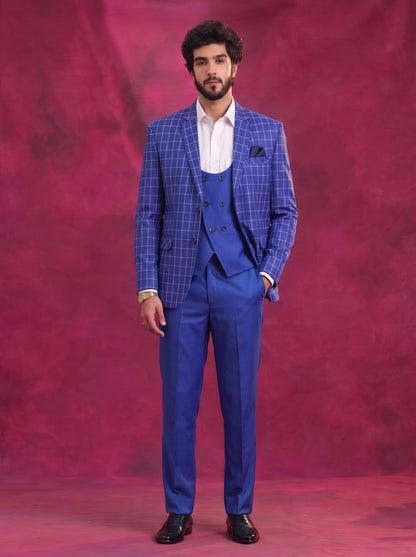 Club AK Men's Royal Blue Checked 3 Piece Suit Set