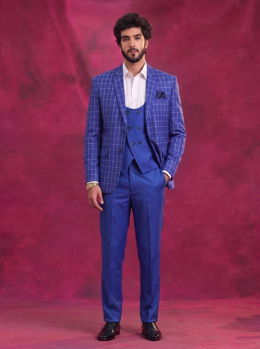 Club AK Men's Royal Blue Checked 3 Piece Suit Set