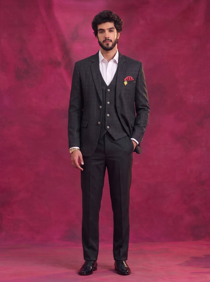 Club AK Men's Charcoal Black Checked 3 Piece Suit Set