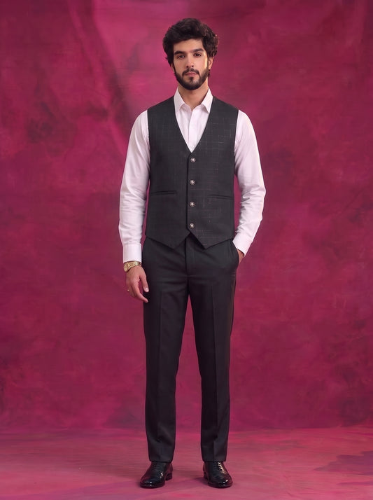 Club AK Men's Charcoal Black Checked 3 Piece Suit Set