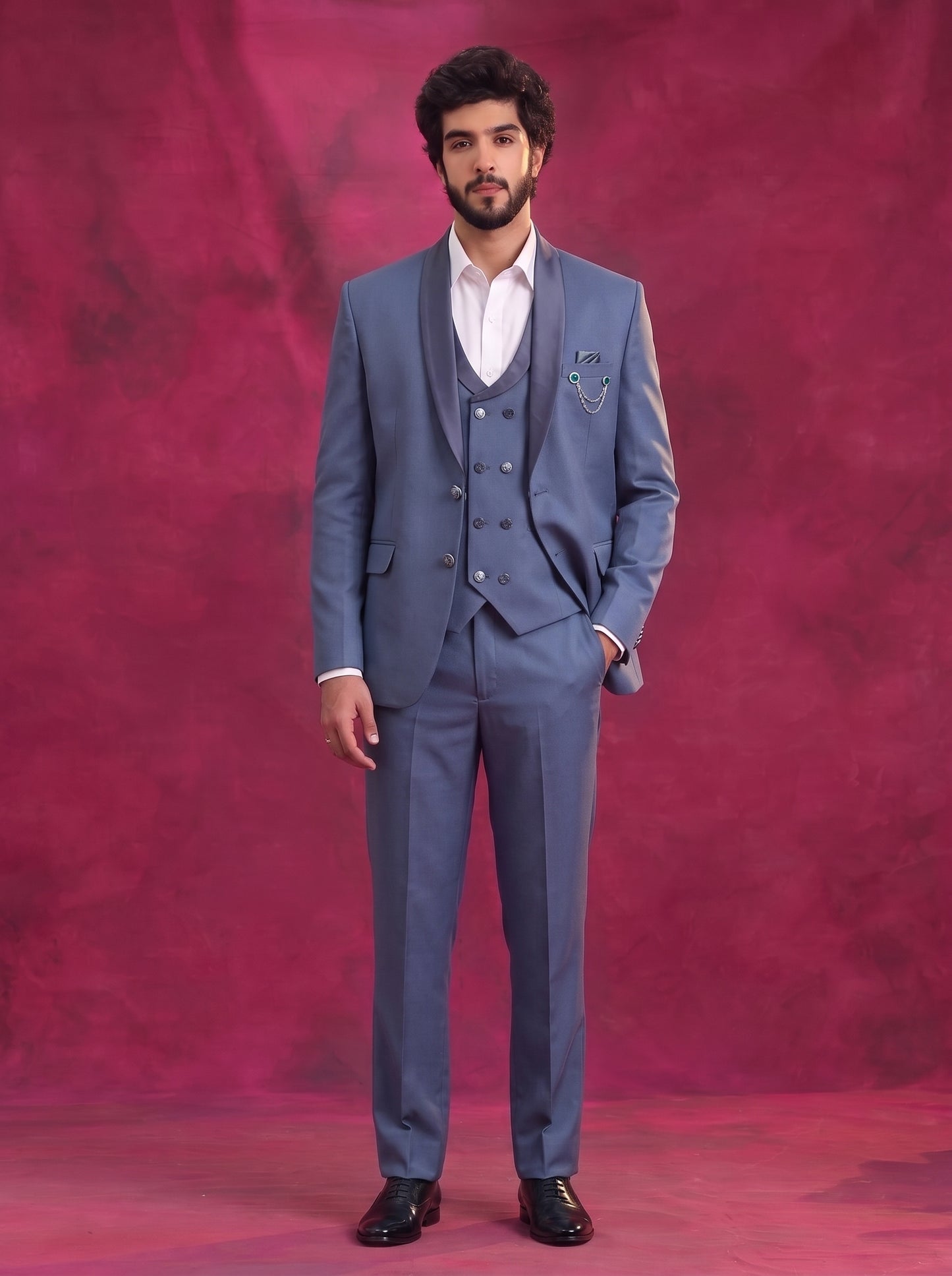 Club AK Men's Steel Blue Three Piece Suit Set