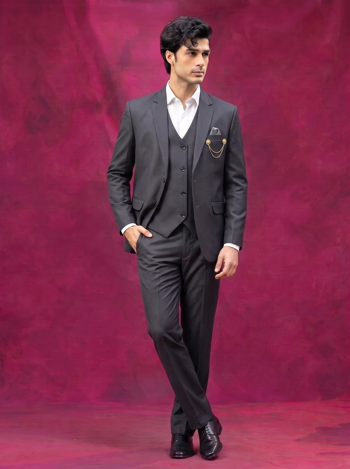 Club AK Men's Charcoal Grey Three Piece Suit Set