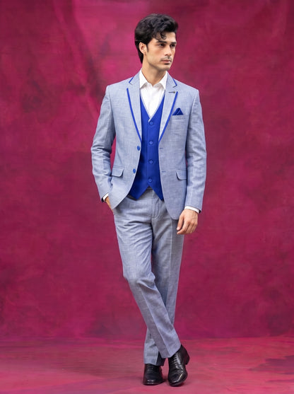 Club AK Men's Light Grey Three Piece Suit with Royal Blue Waistcoat