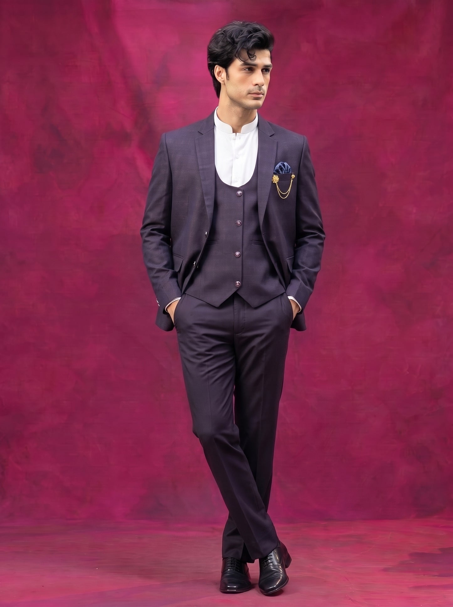 Club AK Men's Deep Plum Three Piece Suit with Mandarin Collar Shirt