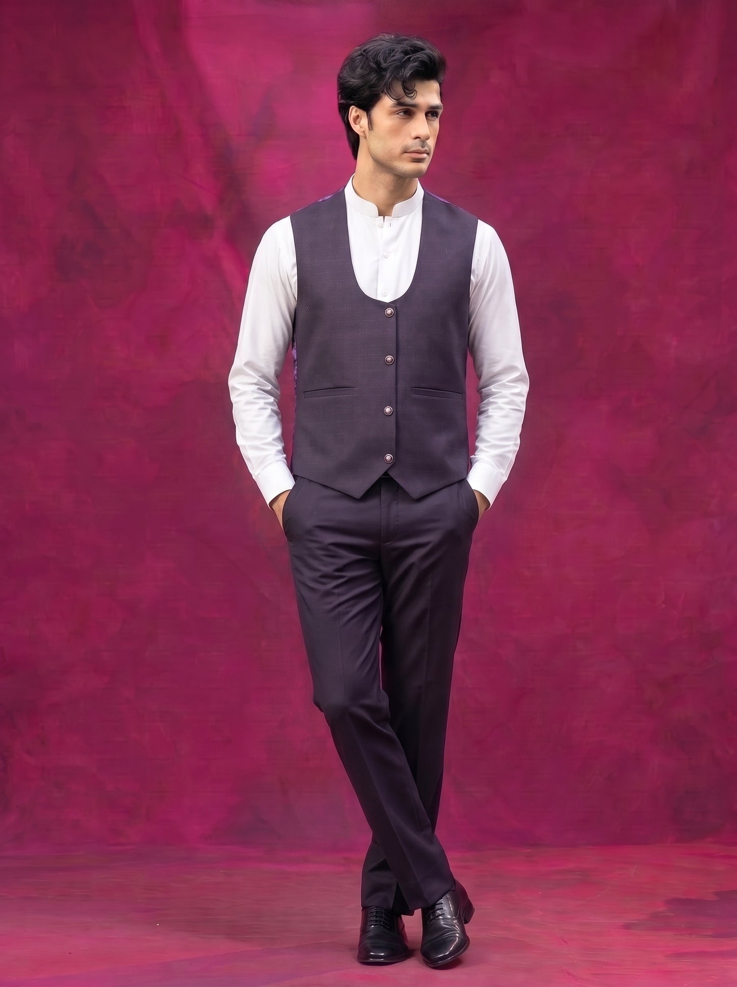 Club AK Men's Deep Plum Three Piece Suit with Mandarin Collar Shirt