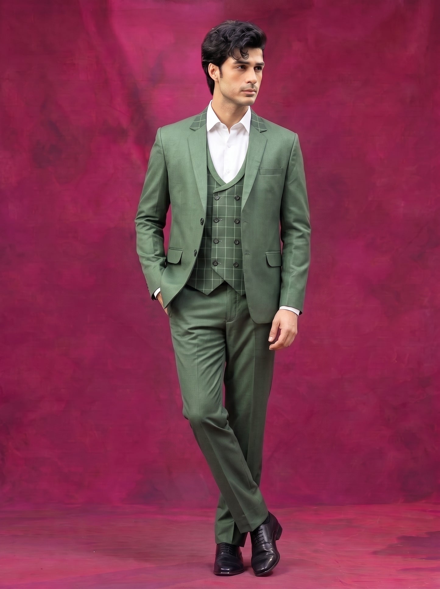 Club AK Men's Olive Green Three Piece Suit