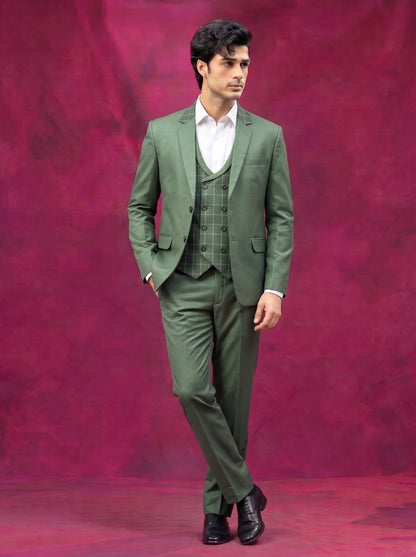 Club AK Men's Olive Green Three Piece Suit