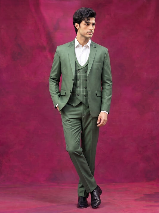 Club AK Men's Olive Green Three Piece Suit