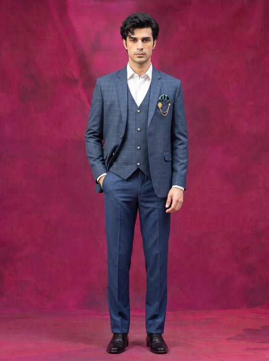 Club AK Men's Steel Blue Check Three Piece Suit