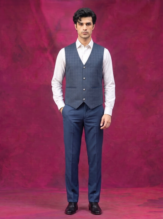 Club AK Men's Steel Blue Check Three Piece Suit