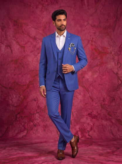Club AK Men's Premium Royal Blue Pinstripe Three Piece Suit