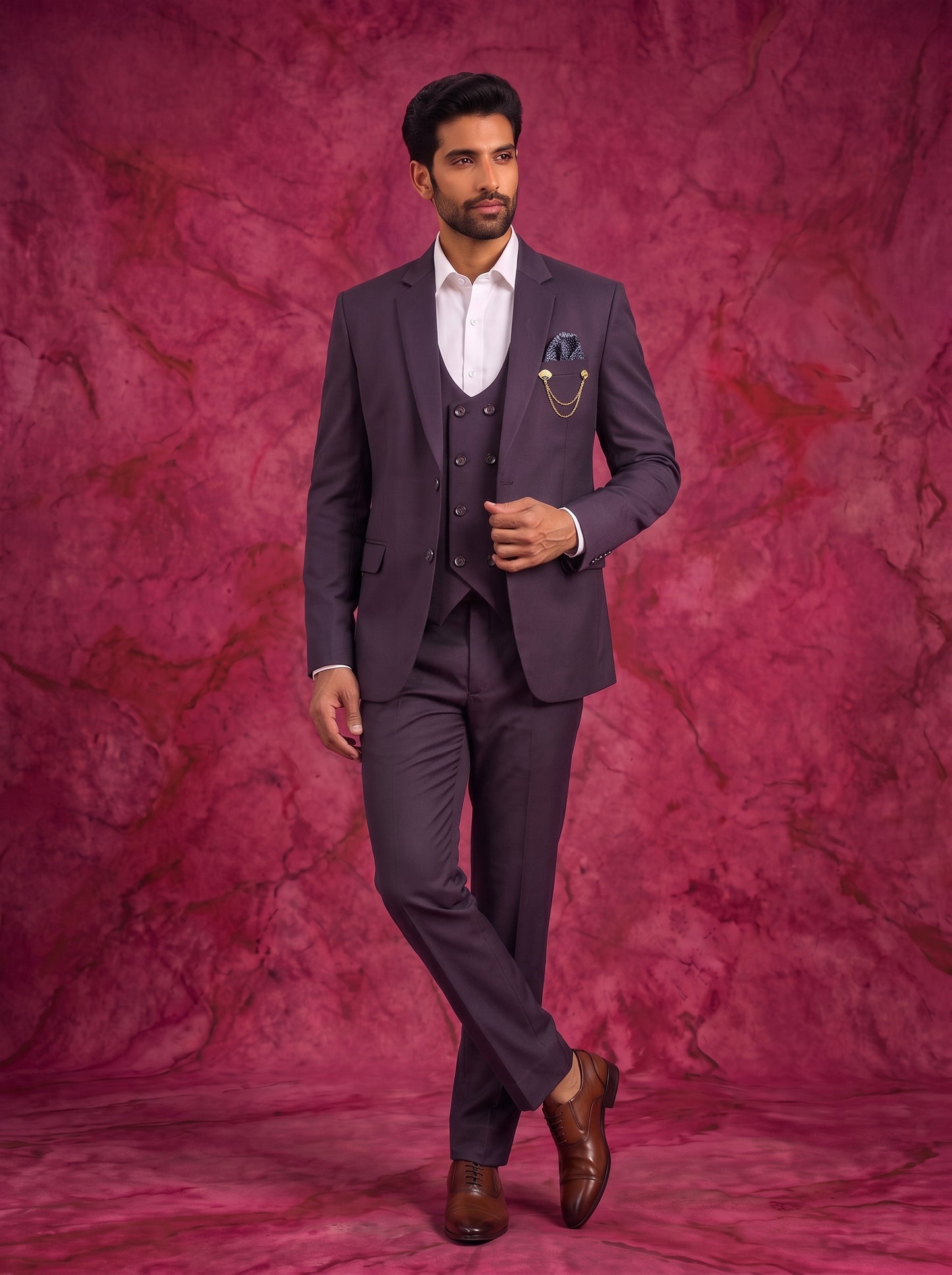 Club AK Men's Deep Plum Purple Three Piece Suit