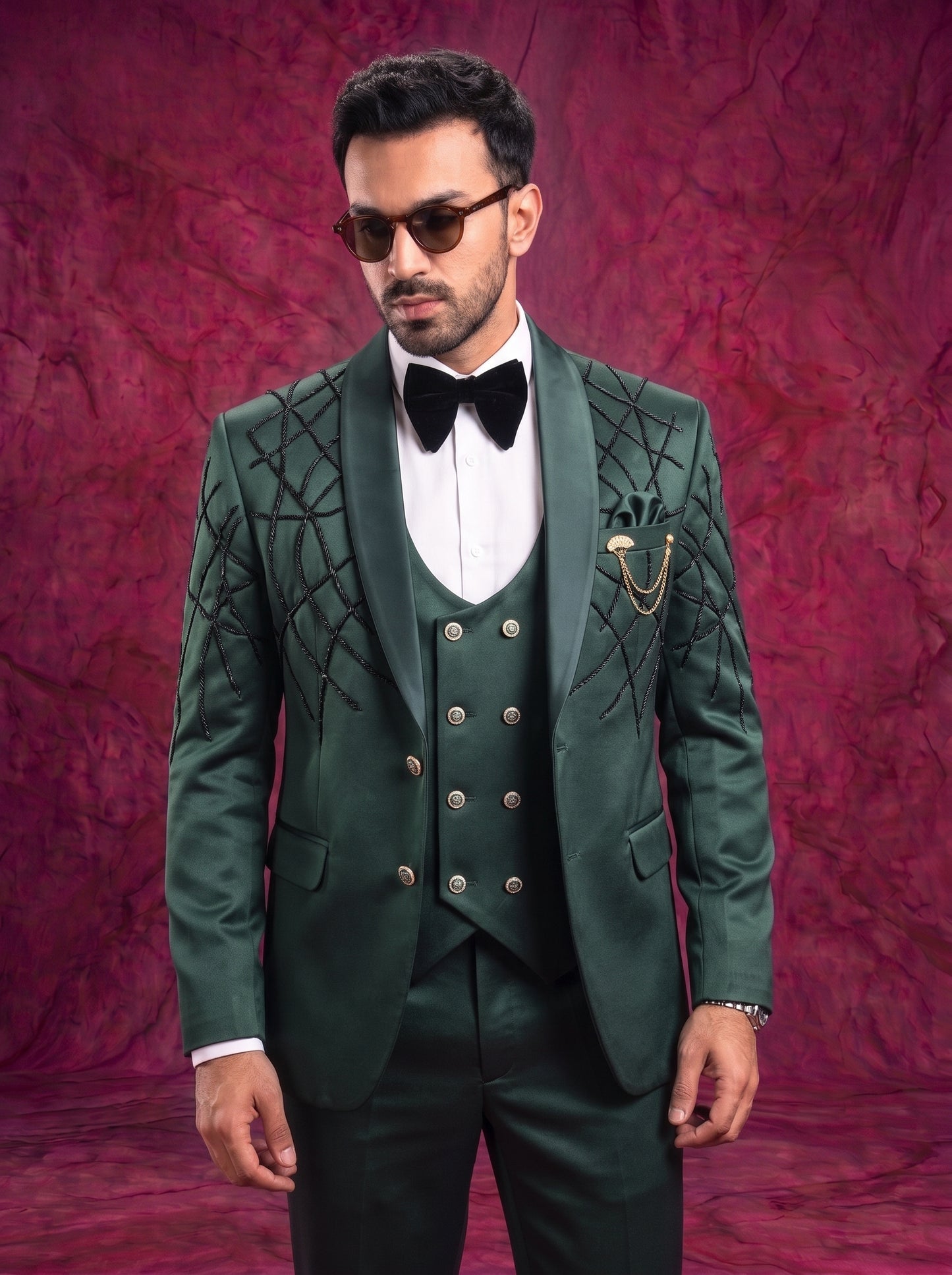 Club AK Men’s Premium Dark Green Embroidered Tuxedo Three Piece Suit