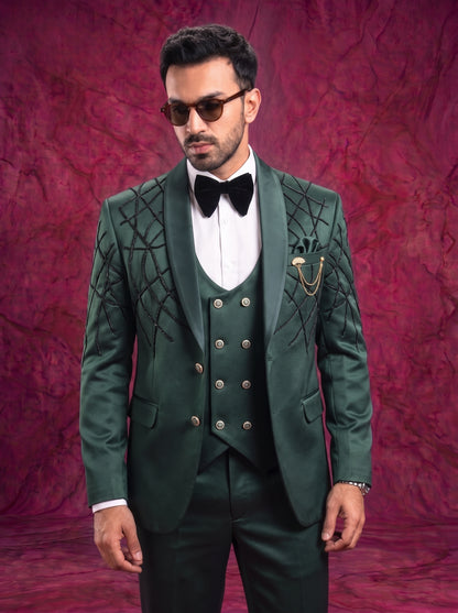 Club AK Men’s Premium Dark Green Embroidered Tuxedo Three Piece Suit