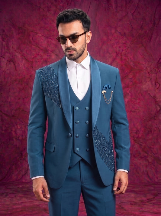 CLUB AK Men's Premium Designer Teal Blue Embroidered 3 Piece Suit