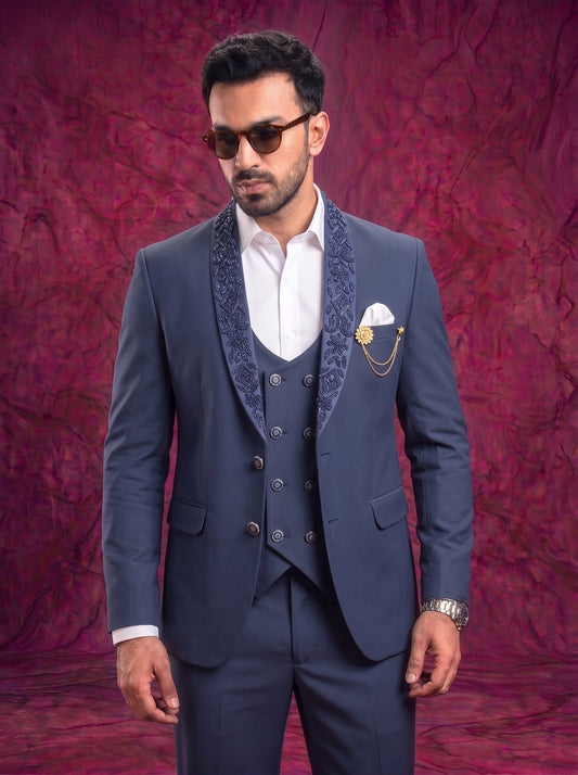 Club AK Men’s Premium Steel Blue Embroidered Tuxedo Three Piece Suit