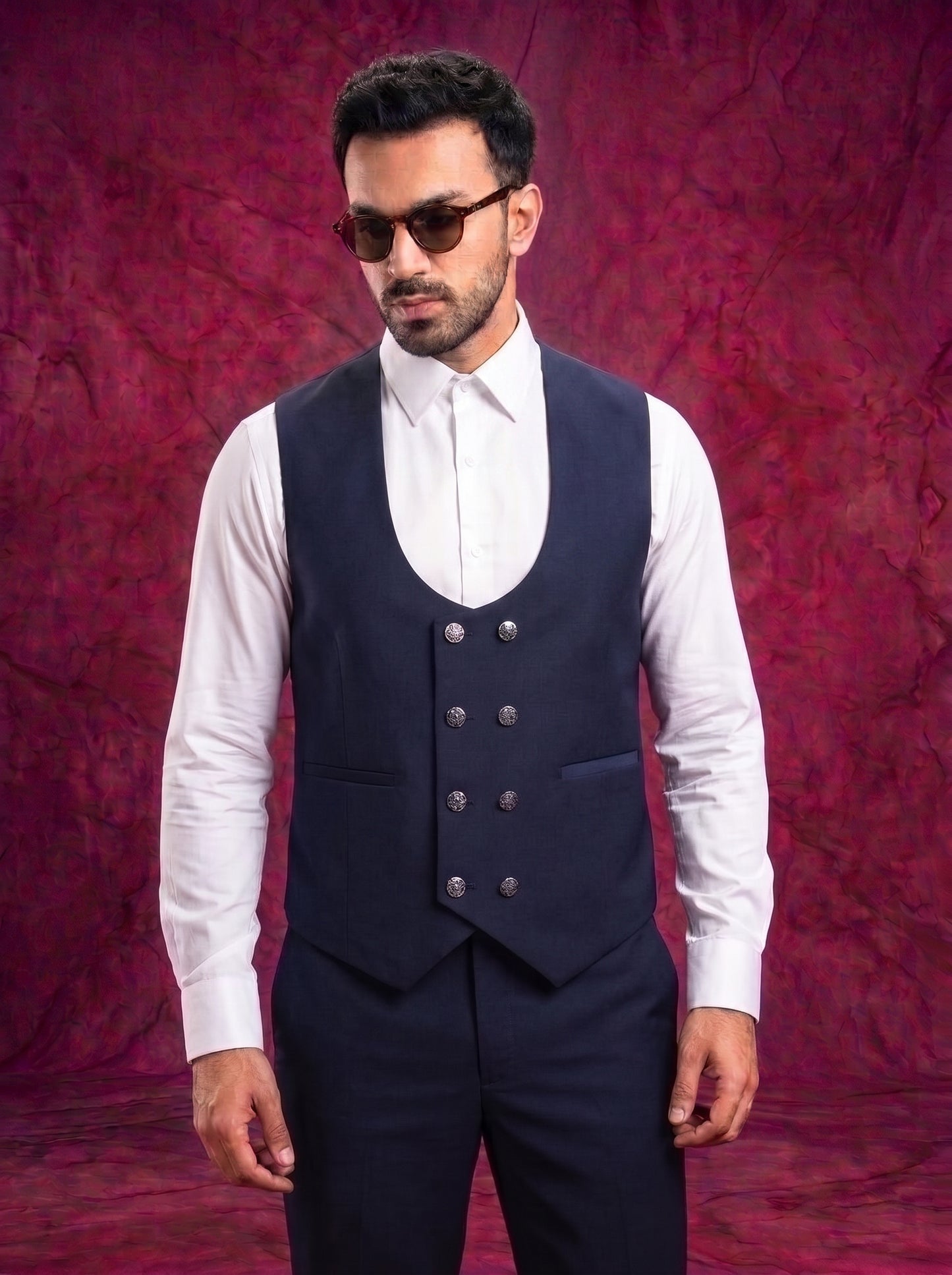 Club AK Men’s Premium Navy Blue Embroidered Tuxedo Three Piece Suit